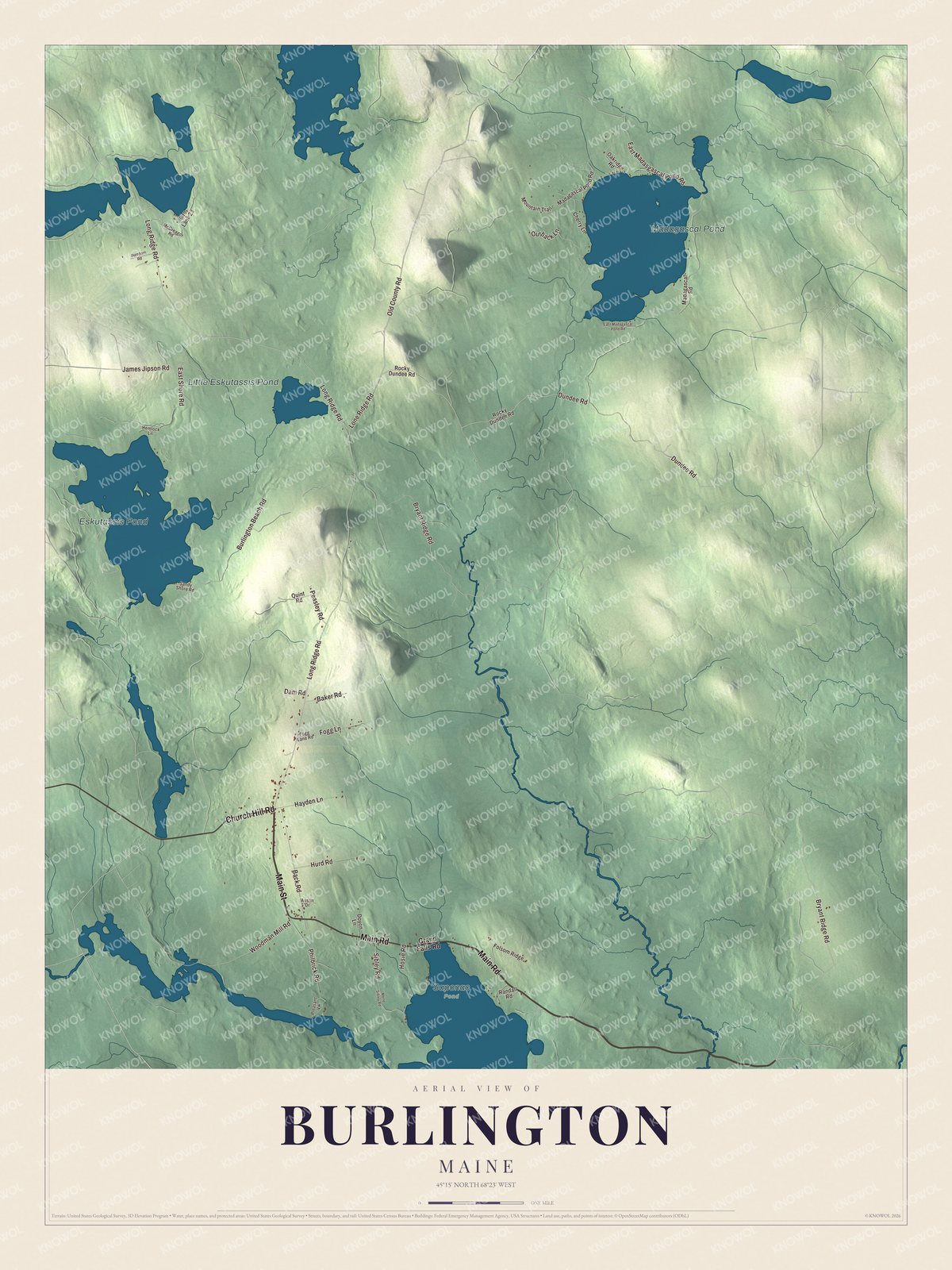 Map of Burlington, Maine, with Long Ridge Road, Main Street and Eskutassis Pond