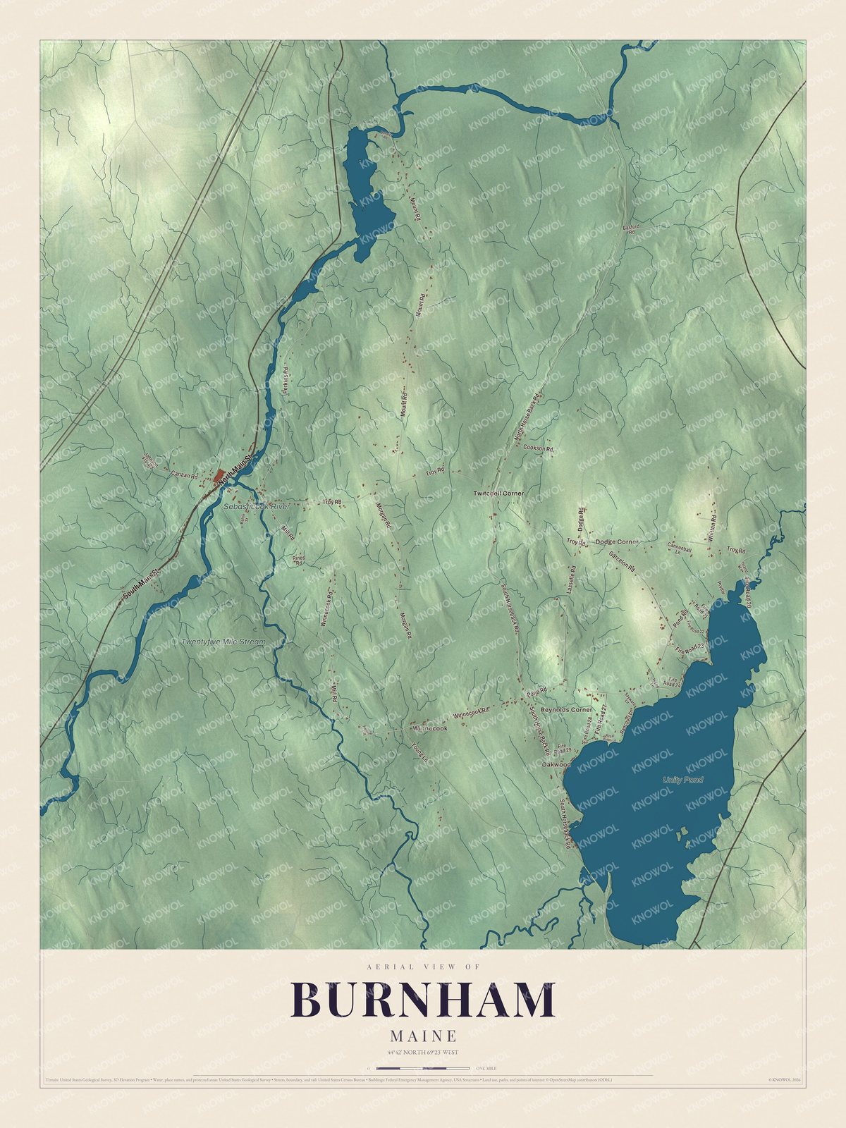Map of Burnham, Maine, with Unity Pond, the Sebasticook River and North Main Street