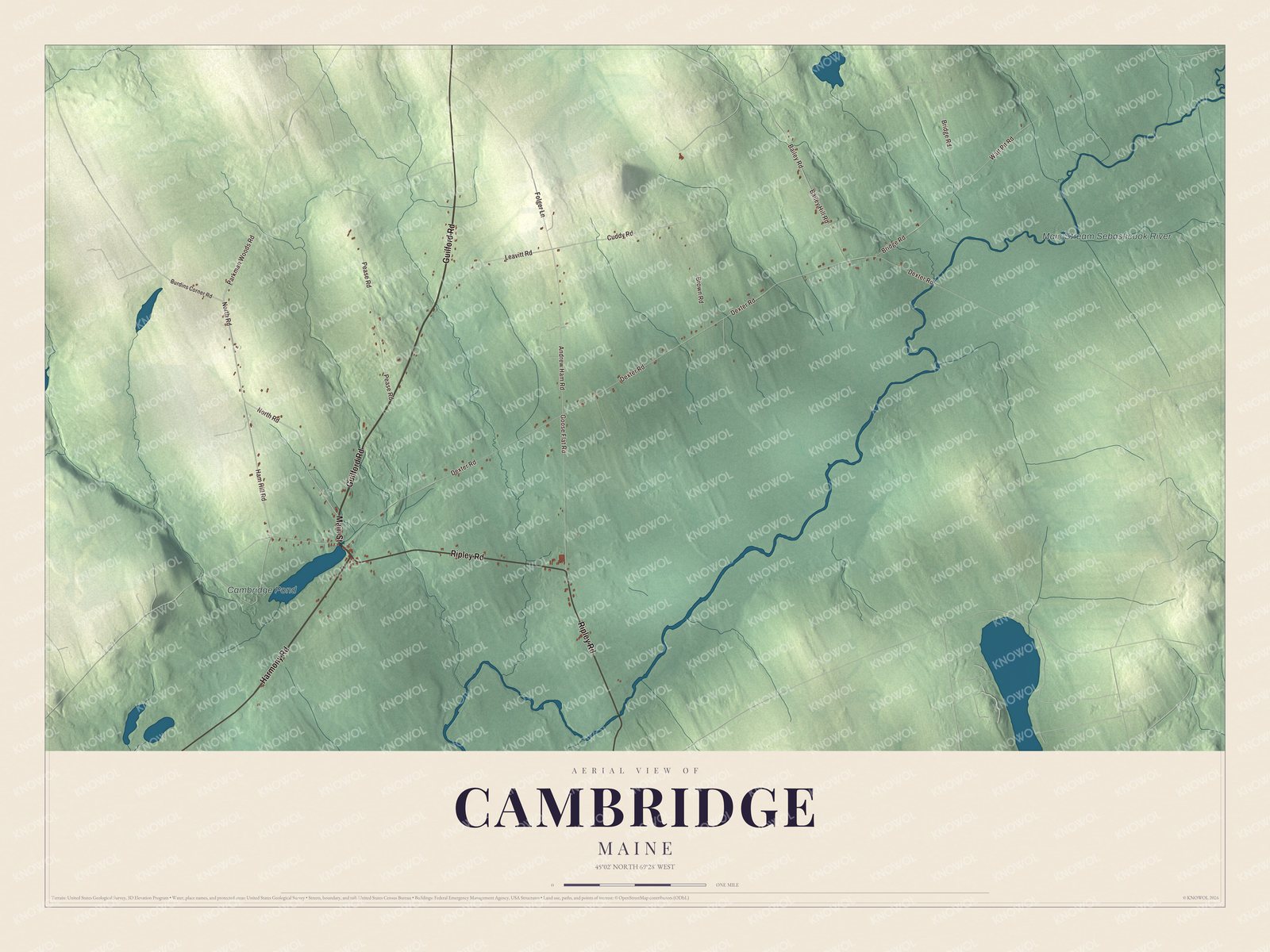 Map of Cambridge, Maine, with Main Street, Ripley Road and Cambridge Pond