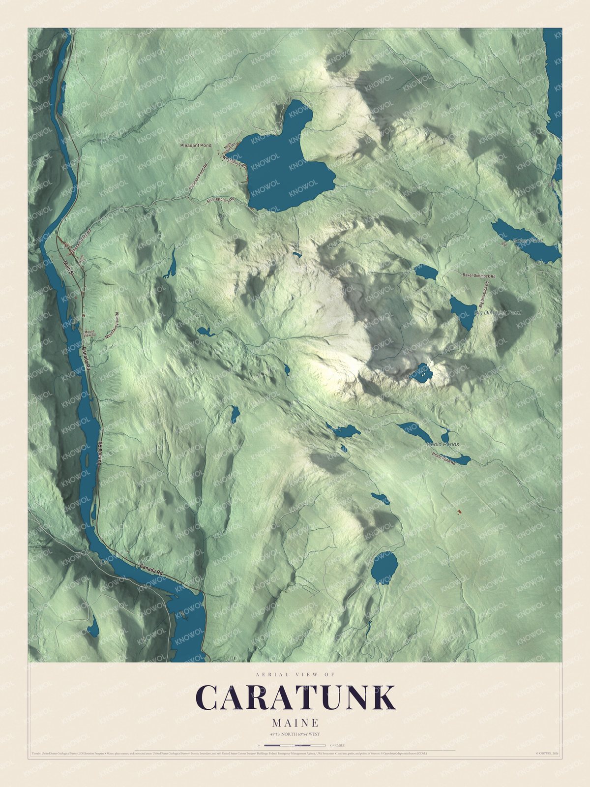Map of Caratunk, Maine, with Pleasant Pond, Canada Road and Baker Pond