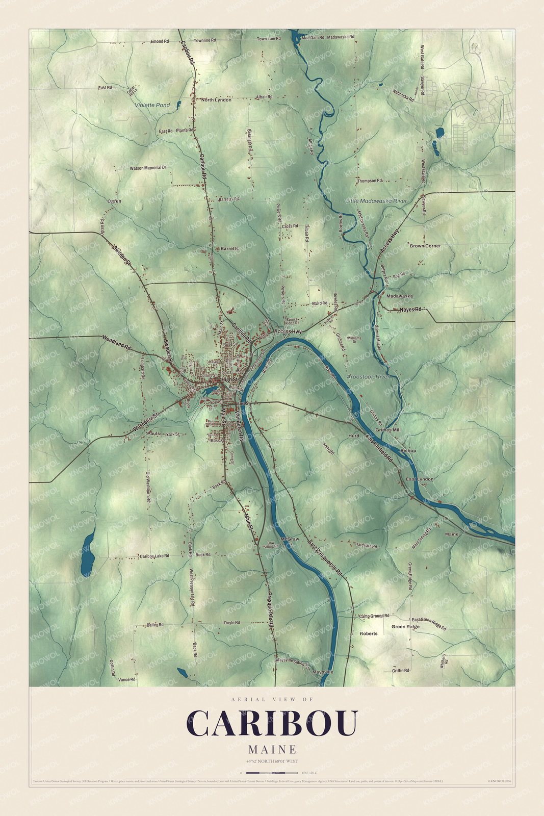 Map of Caribou, Maine, with Sweden Street, Main Street and the Aroostook River