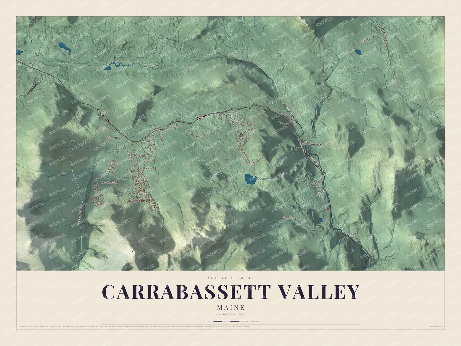Map of Carrabassett Valley, Maine, with Bigelow, Carrabassett and Huston Brook Road