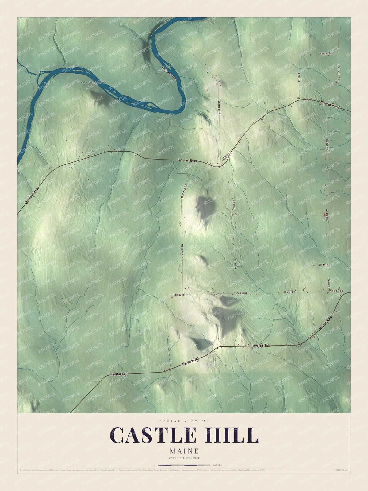 Map of Castle Hill, Maine, with Haystack Road, Frenchville Road and the Aroostook River