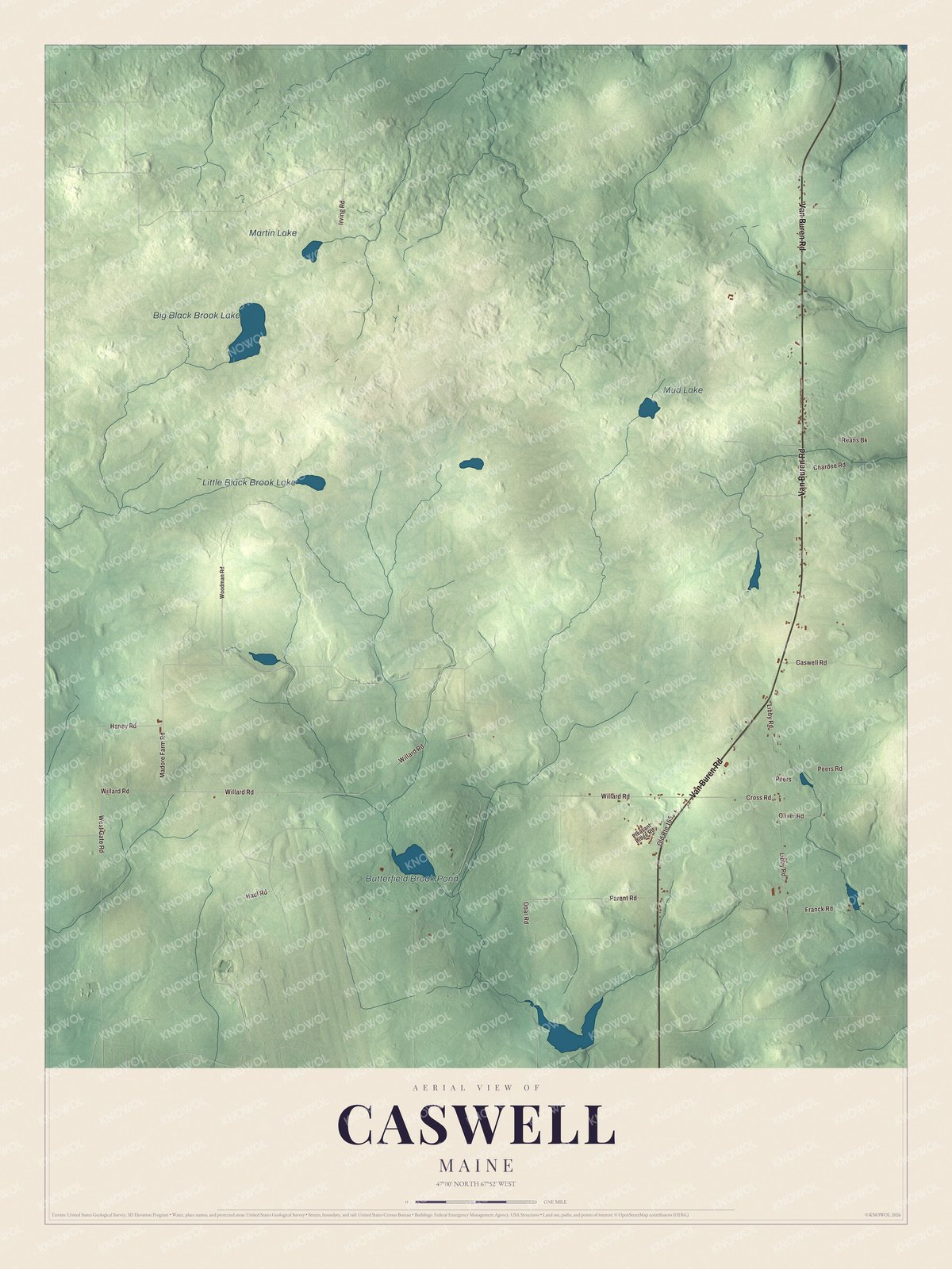 Map of Caswell, Maine, with Big Black Brook Lake, Van Buren Road and Mud Lake