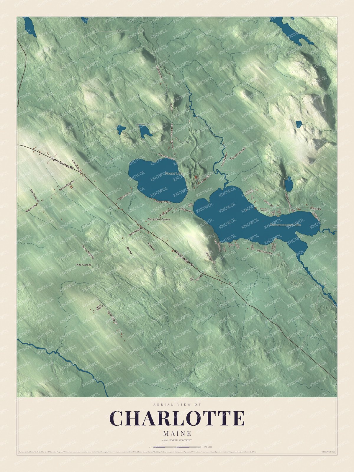 Map of Charlotte, Maine, with Charlotte Road, Ayers Junction Road and Pennamaquan Lake