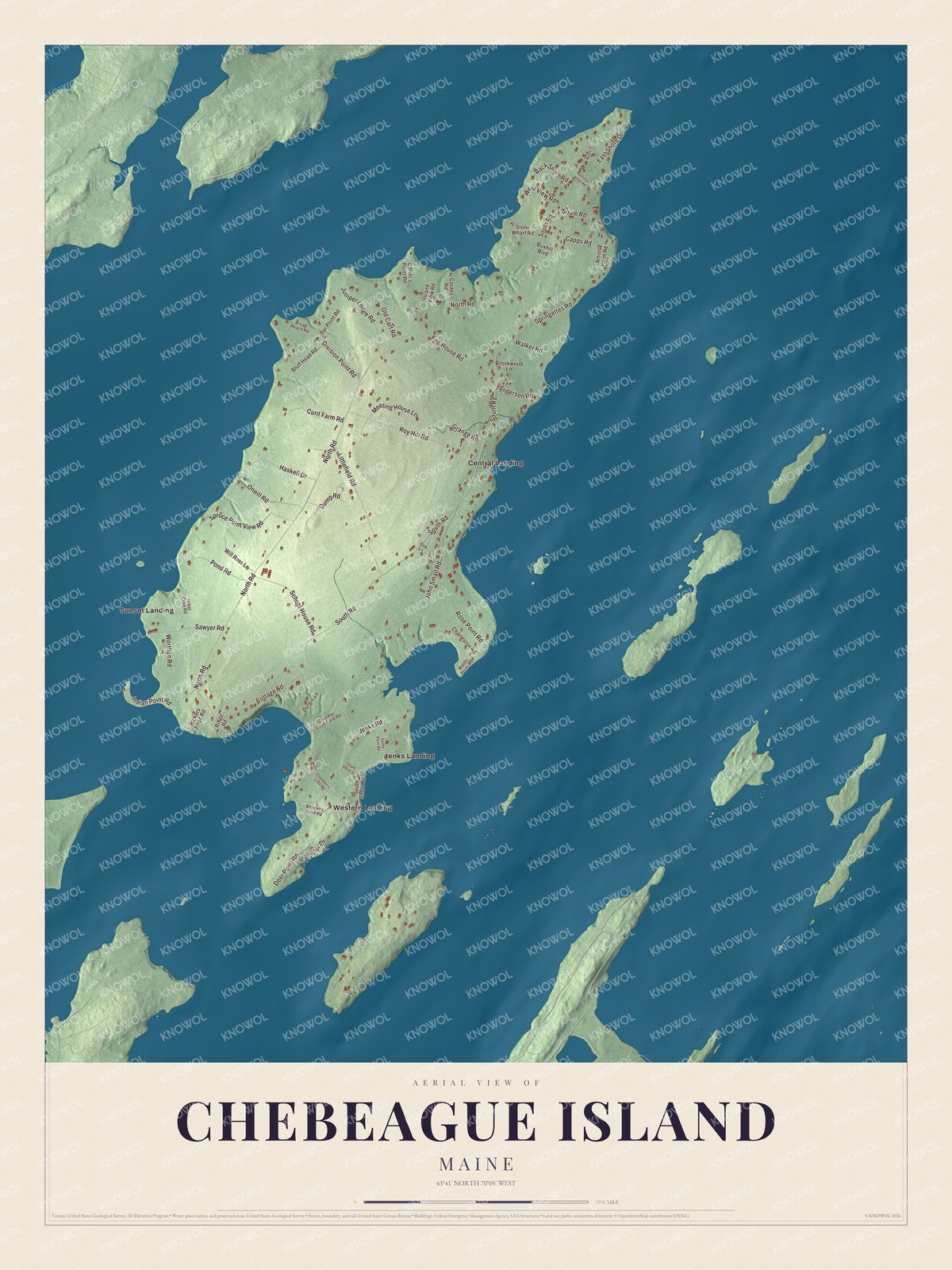 Map of Chebeague Island, Maine, with South Road, North Road and Central Landing