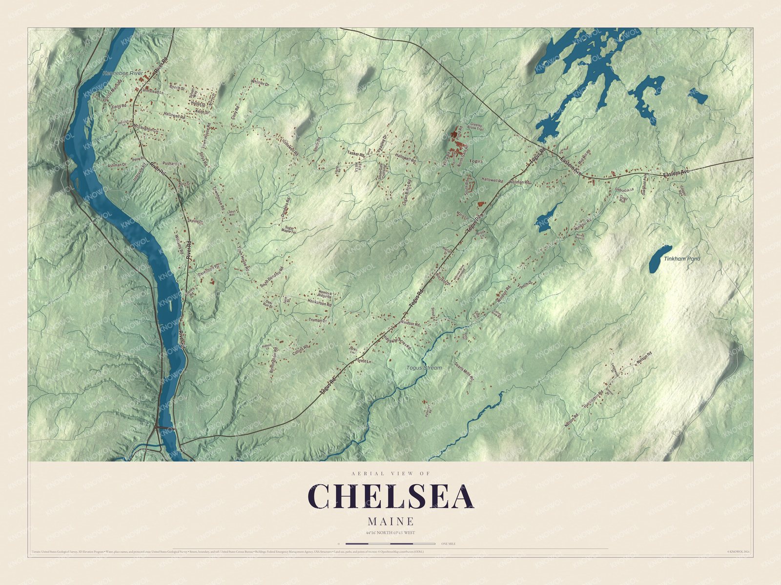 Map of Chelsea, Maine, with Togus, Togus Road and the Kennebec River