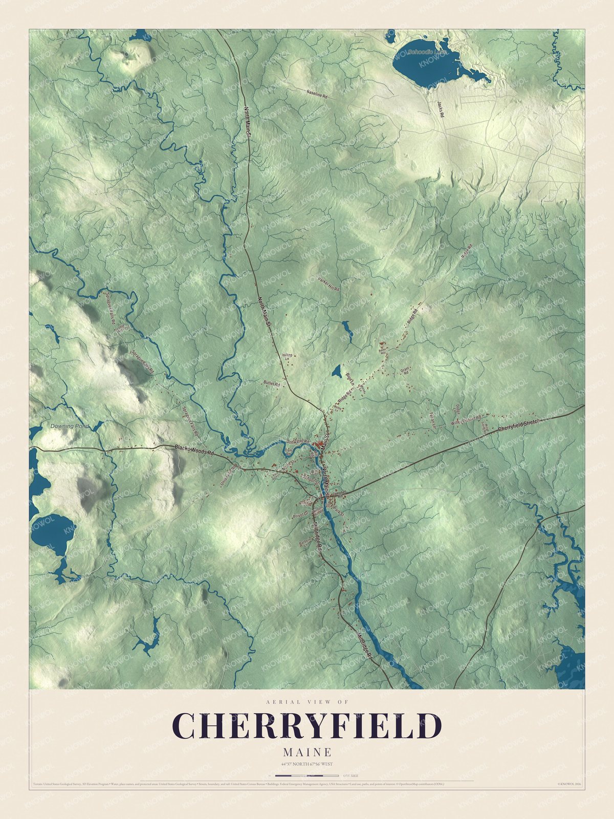 Map of Cherryfield, Maine, with Main Street, Milbridge Road and Park Street