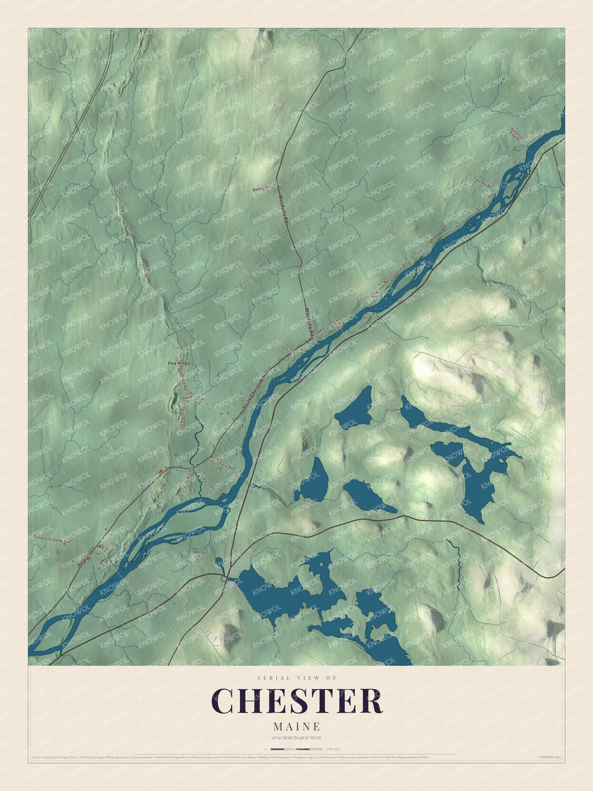 Map of Chester, Maine, with Pea Ridge, Pea Ridge Road and North Chester Road