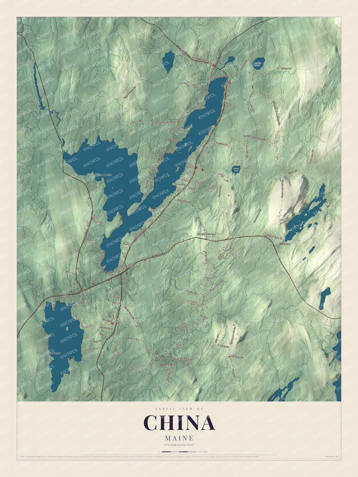 Map of China, Maine, around China Lake