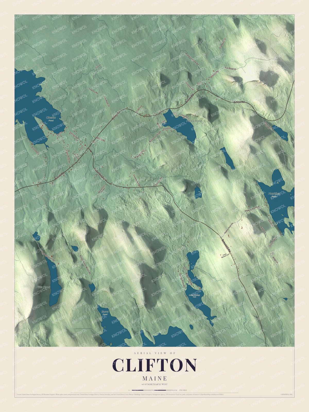 Map of Clifton, Maine, with Rebel Hill Road, Airline Road and Parks Pond