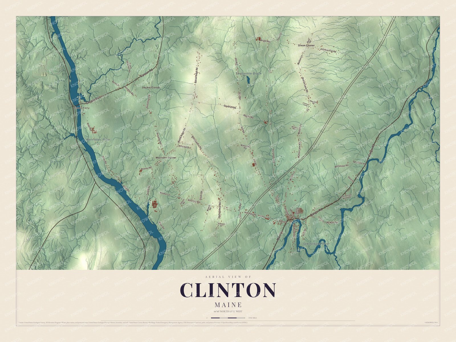 Map of Clinton, Maine, with Main Street and the Sebasticook River