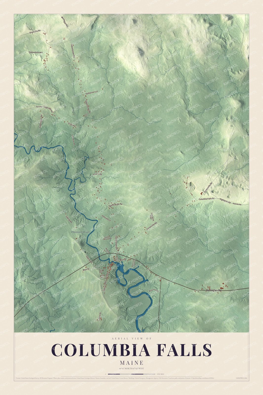 Map of Columbia Falls, Maine, along the Pleasant River