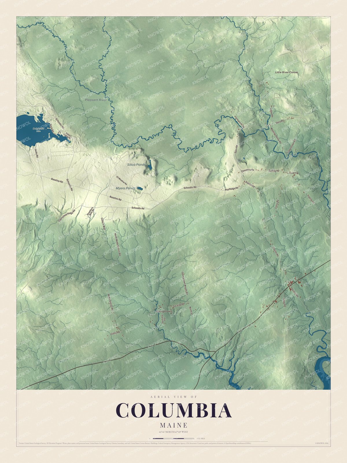 Map of Columbia, Maine, with Little River Corner, Epping and the Pleasant River
