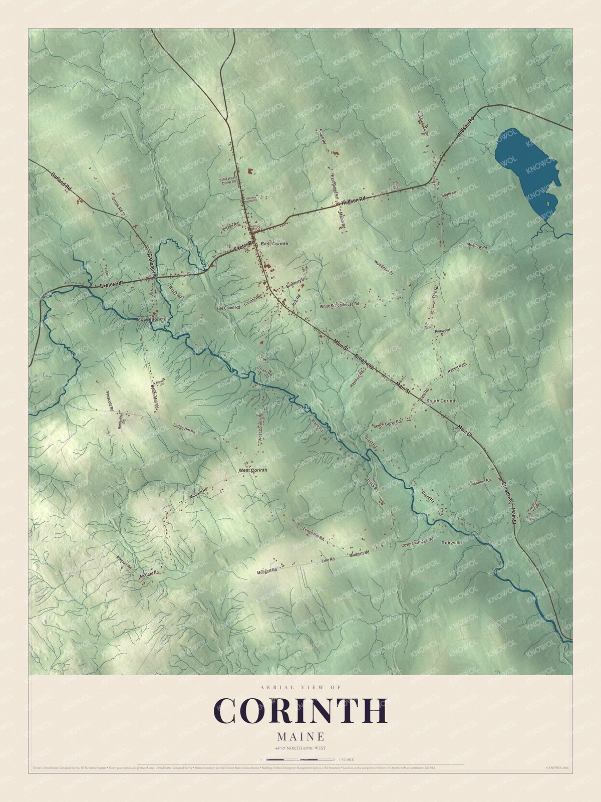 Map of Corinth, Maine, with East Corinth, Robyville and Main Street