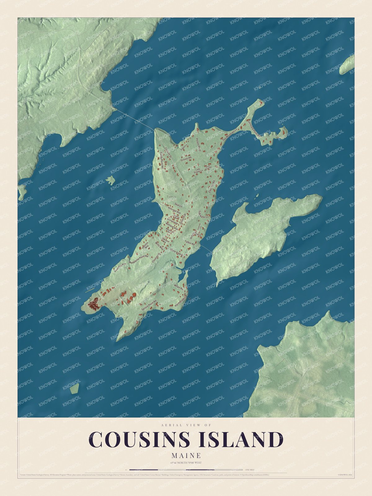 Map of Cousins Island, Maine, with Cousins Street and Wharf Road