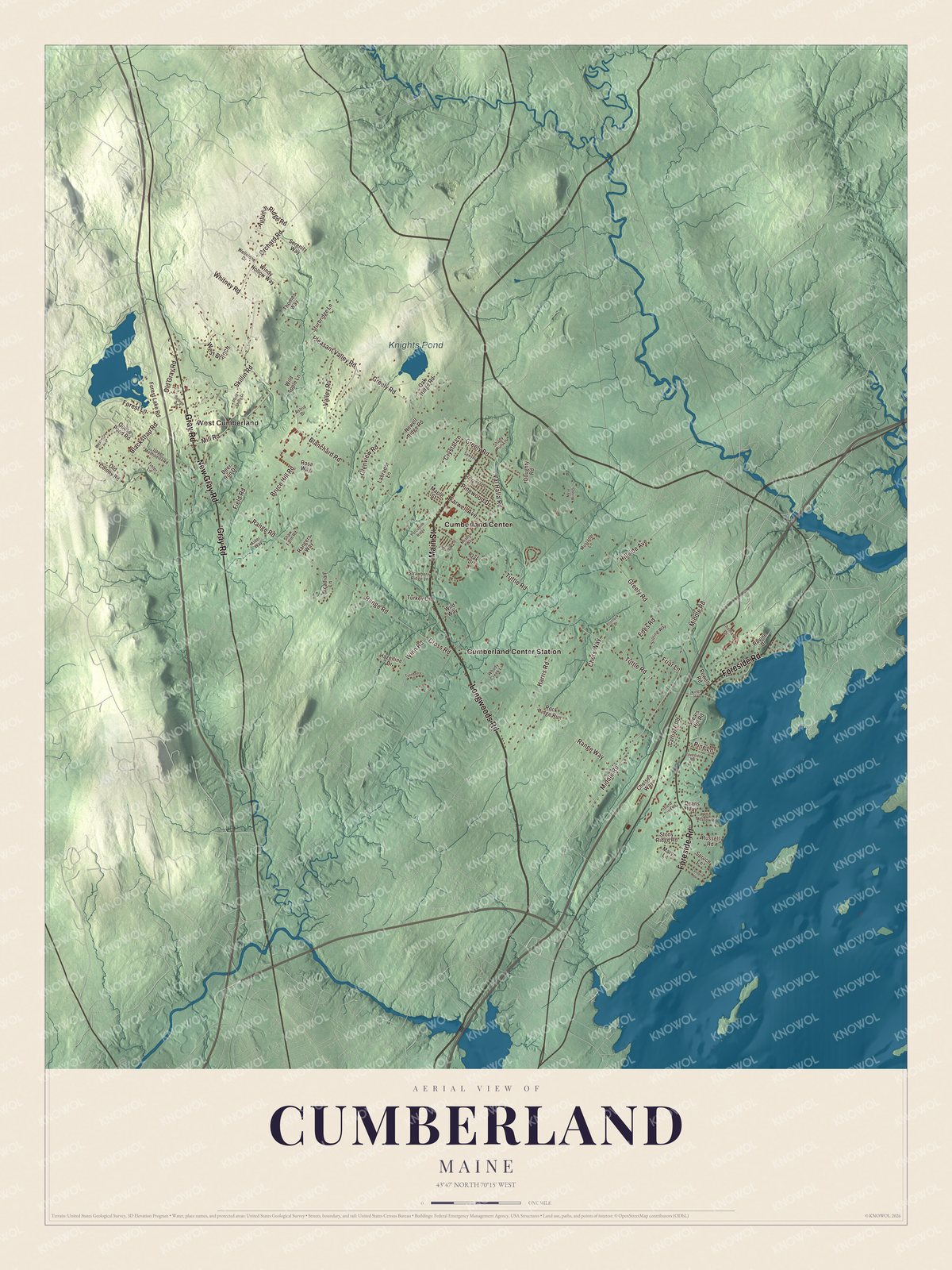 Map of Cumberland, Maine, with Foreside Road and Knights Pond