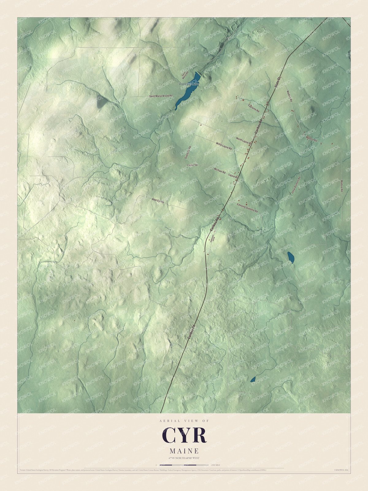 Map of Cyr, Maine, with Caribou Road and Laplante Road