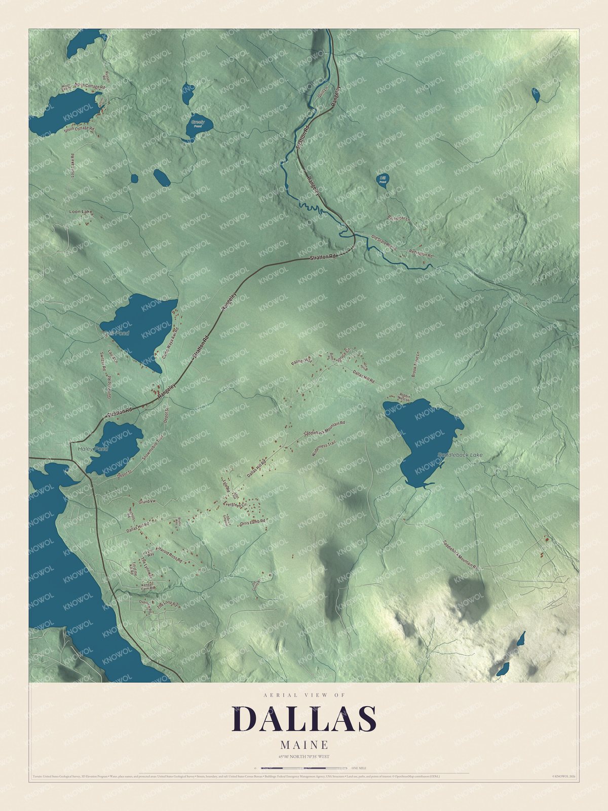 Map of Dallas, Maine, with Loon Lake and Saddleback Lake