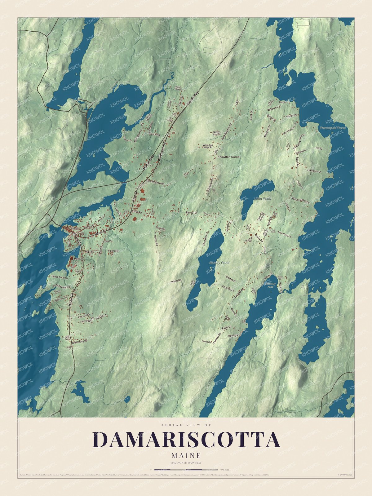 Watermarked full-map preview of Damariscotta, Maine