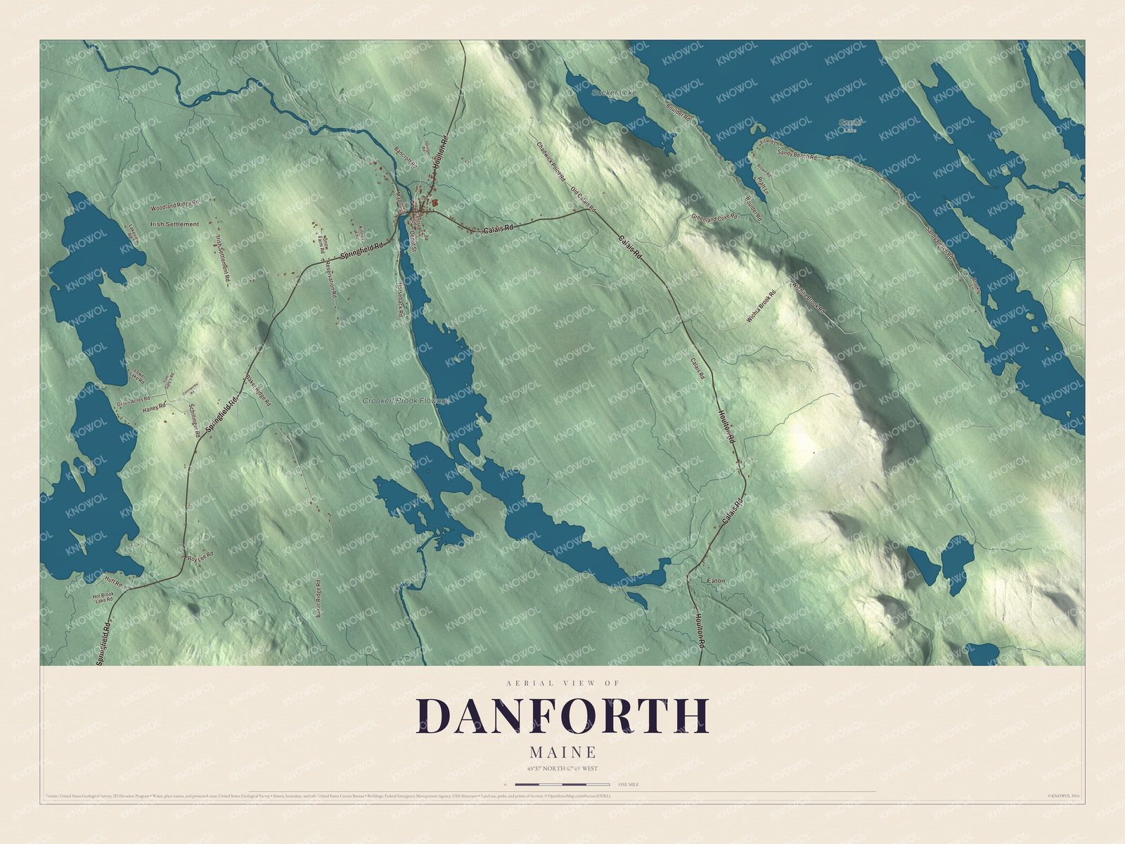 Map of Danforth, Maine, with Depot Street and Crooked Brook Flowage