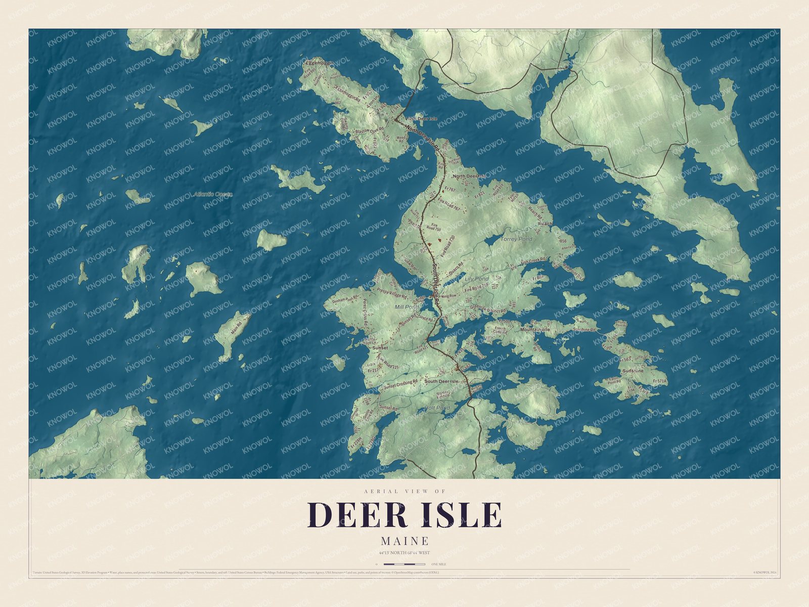 Map of Deer Isle, Maine, with Little Deer Isle and Sunset Road