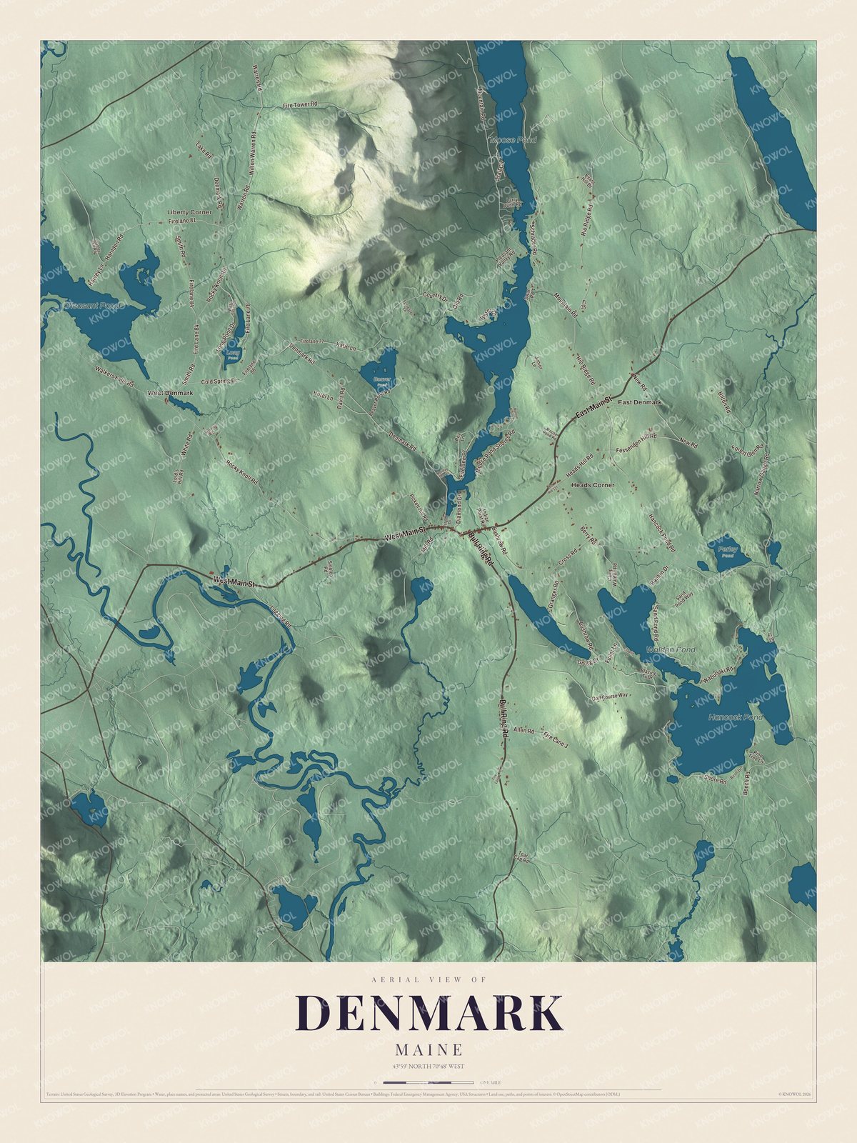 Map of Denmark, Maine, with Moose Pond and East Main Street