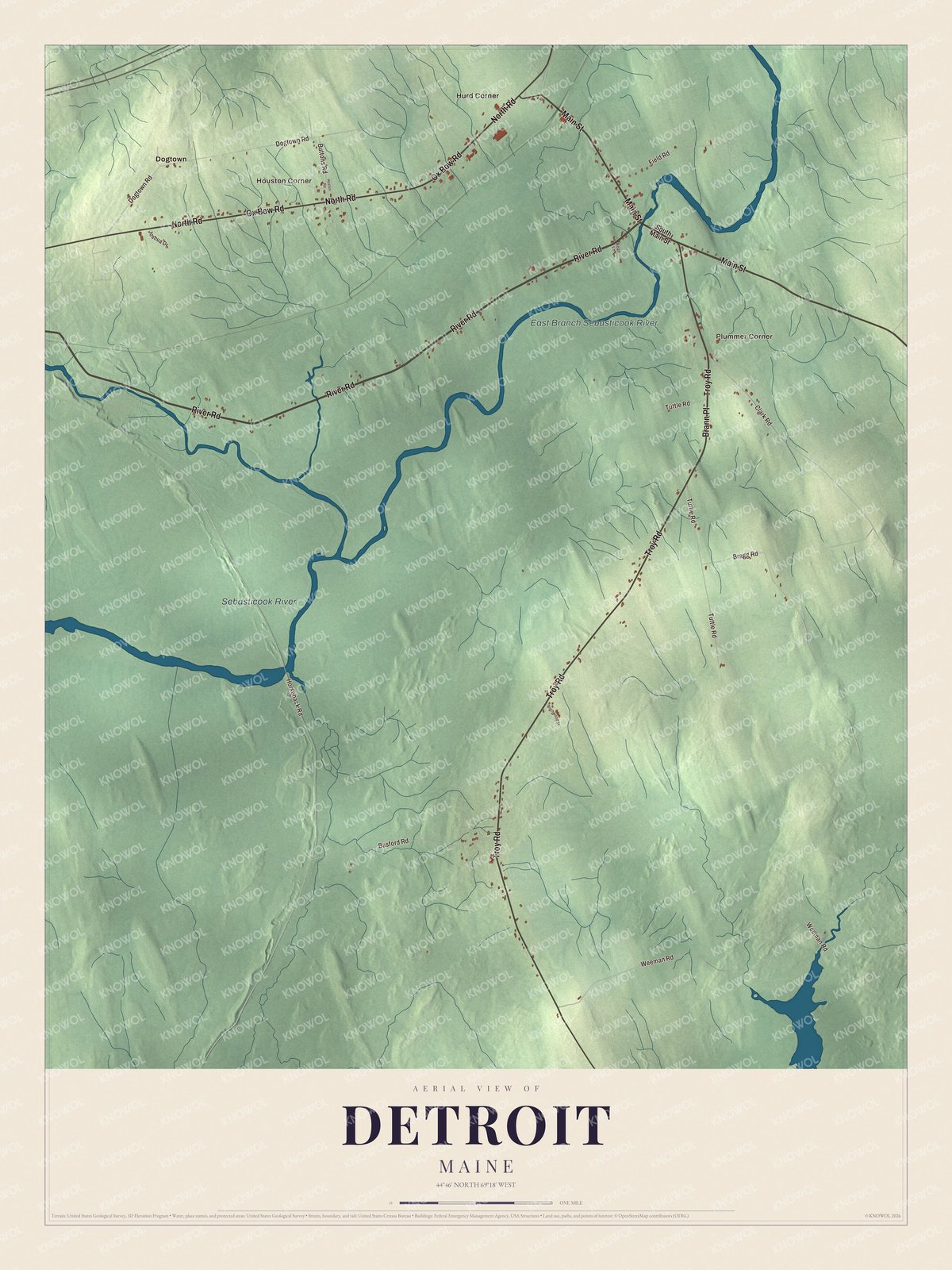 Map of Detroit, Maine, with the Sebasticook River and Main Street