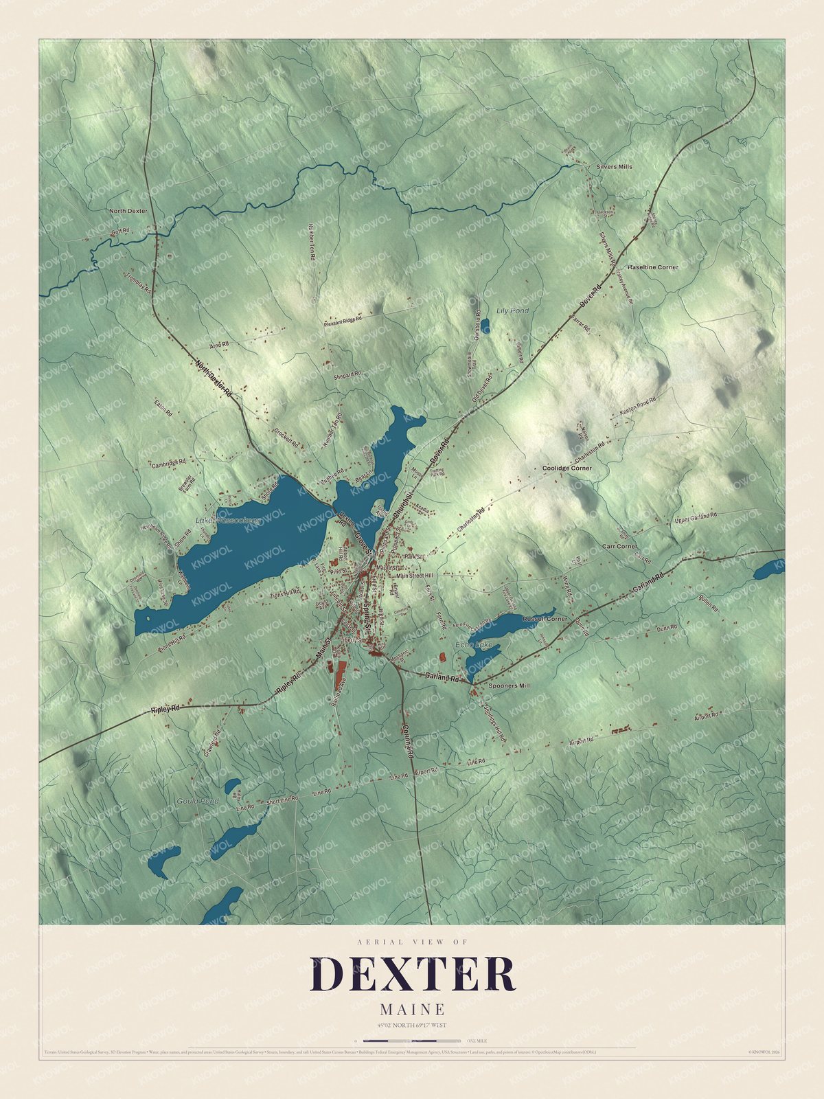Map of Dexter, Maine, with Lake Wassookeag and Church Street