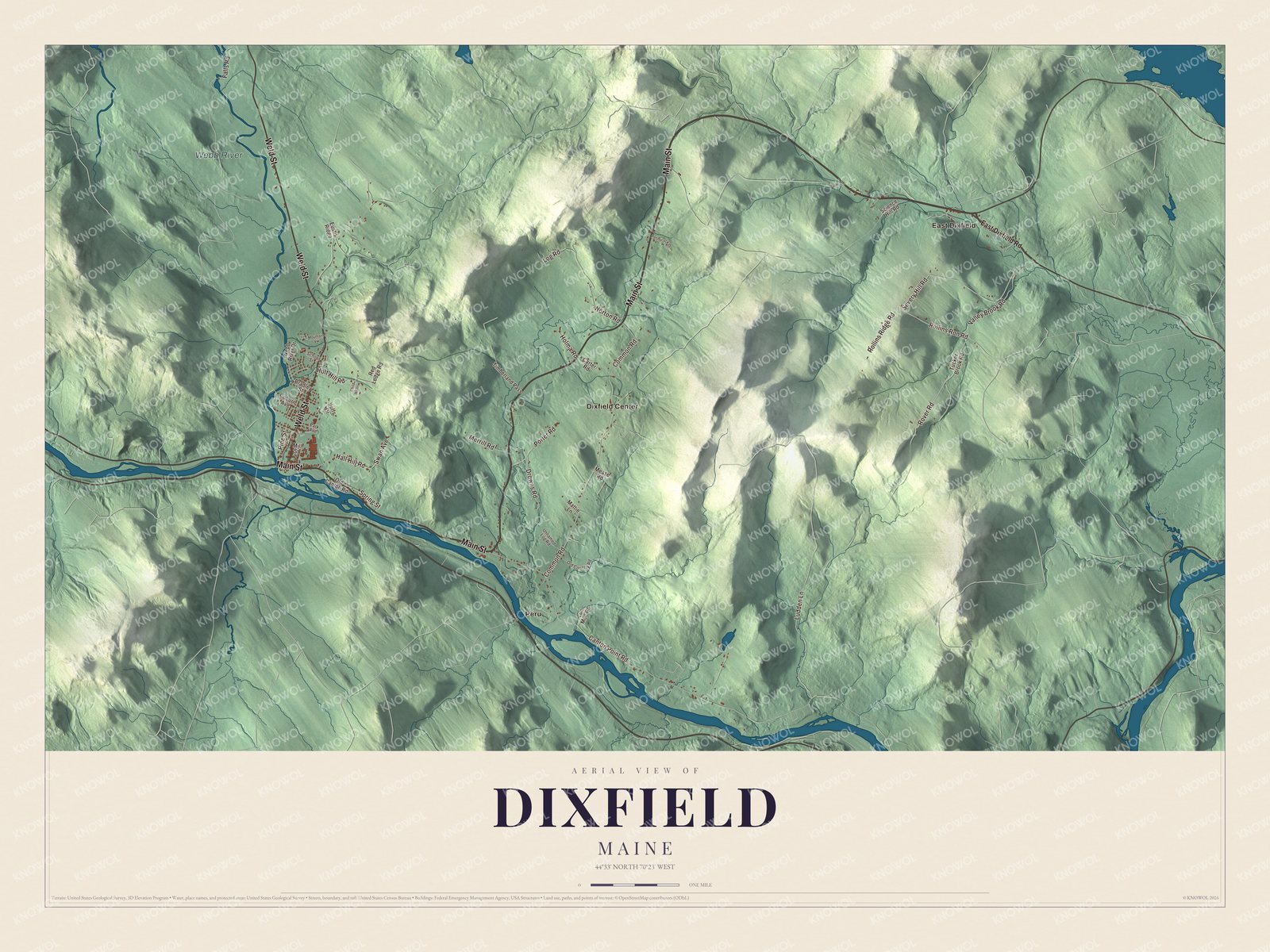 Map of Dixfield, Maine, with Main Street and the Webb River