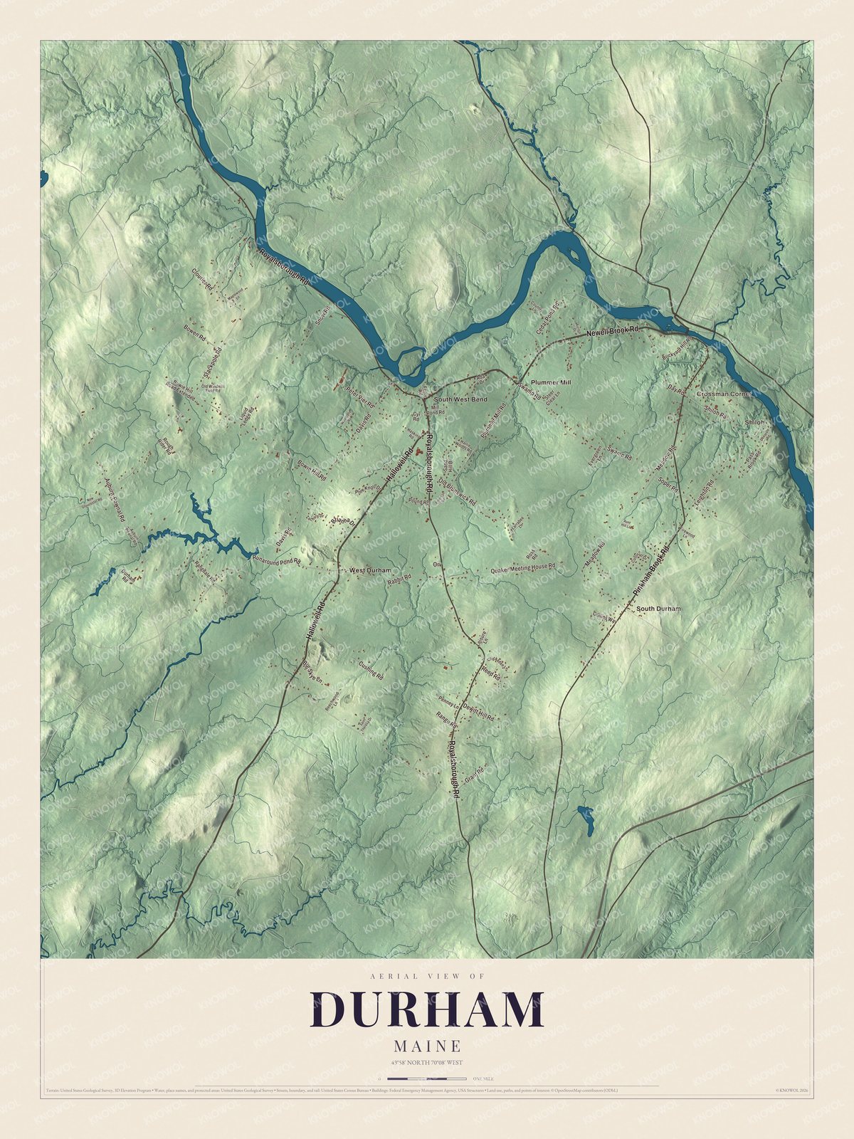 Map of Durham, Maine, with Royalsborough Road and West Durham