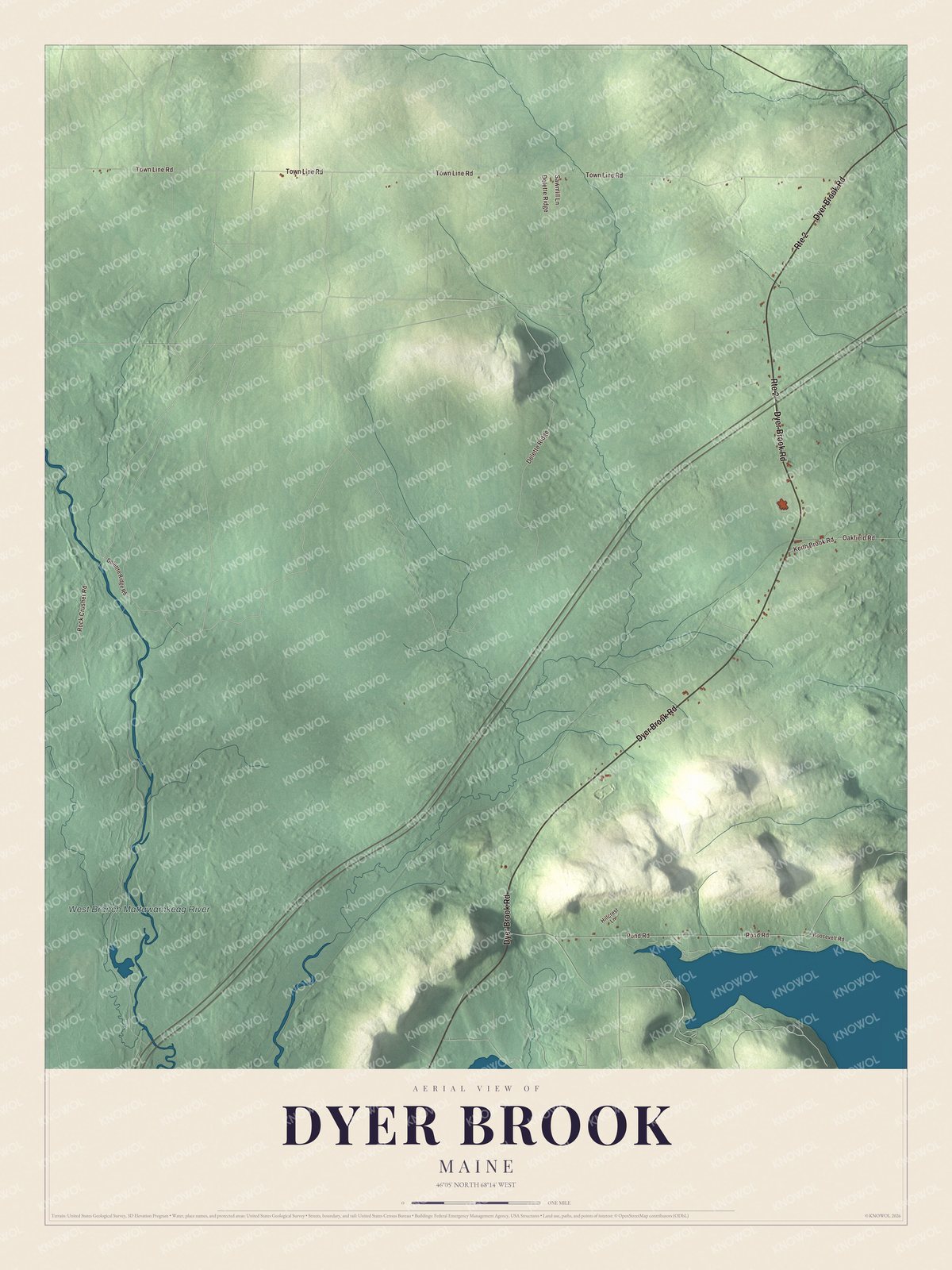 Map of Dyer Brook, Maine, with Dyer Brook Road and Oakfield Road