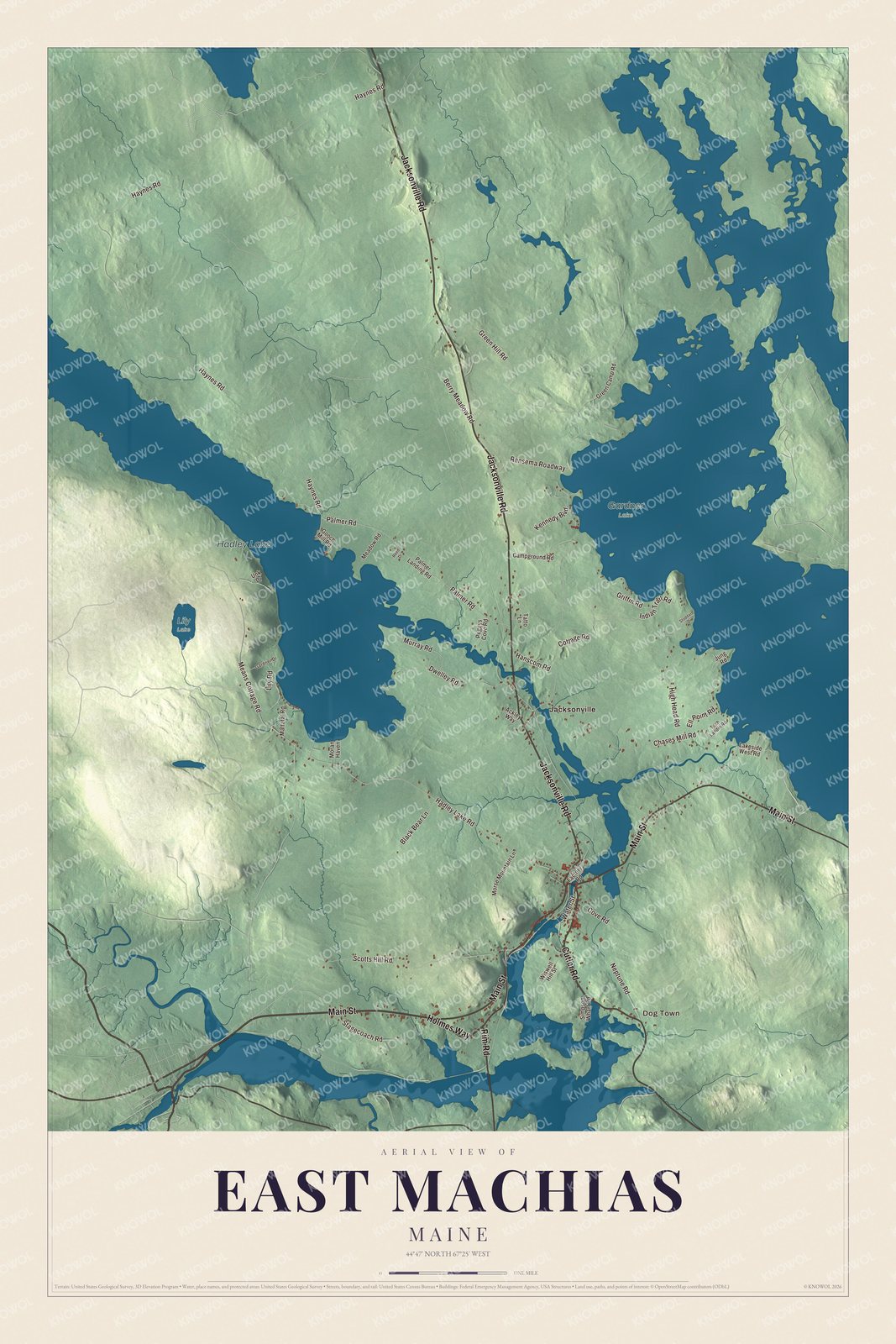 Map of East Machias, Maine, with Main Street and Cutler Road