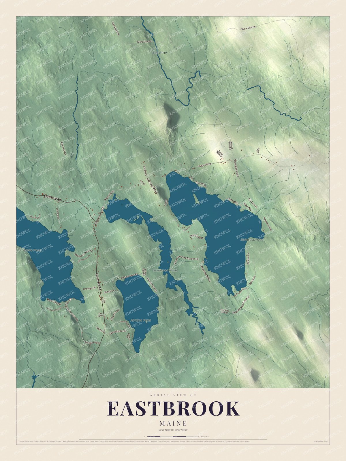 Map of Eastbrook, Maine, with Molasses Pond and Molasses Pond Road