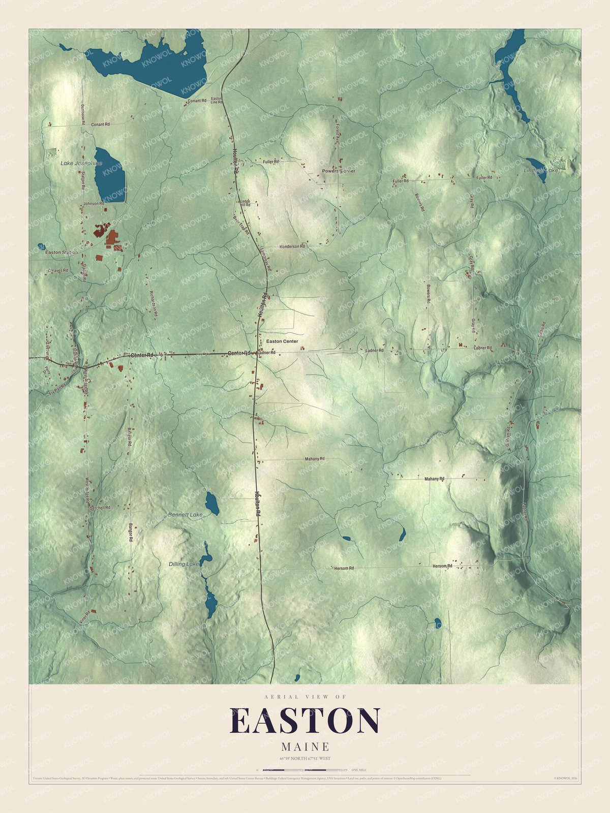 Map of Easton, Maine, with Center Road, Houlton Road and Easton Center