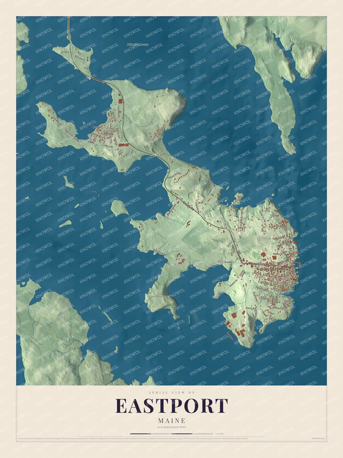 Map of Eastport, Maine, with Water Street, Washington Street and County Road