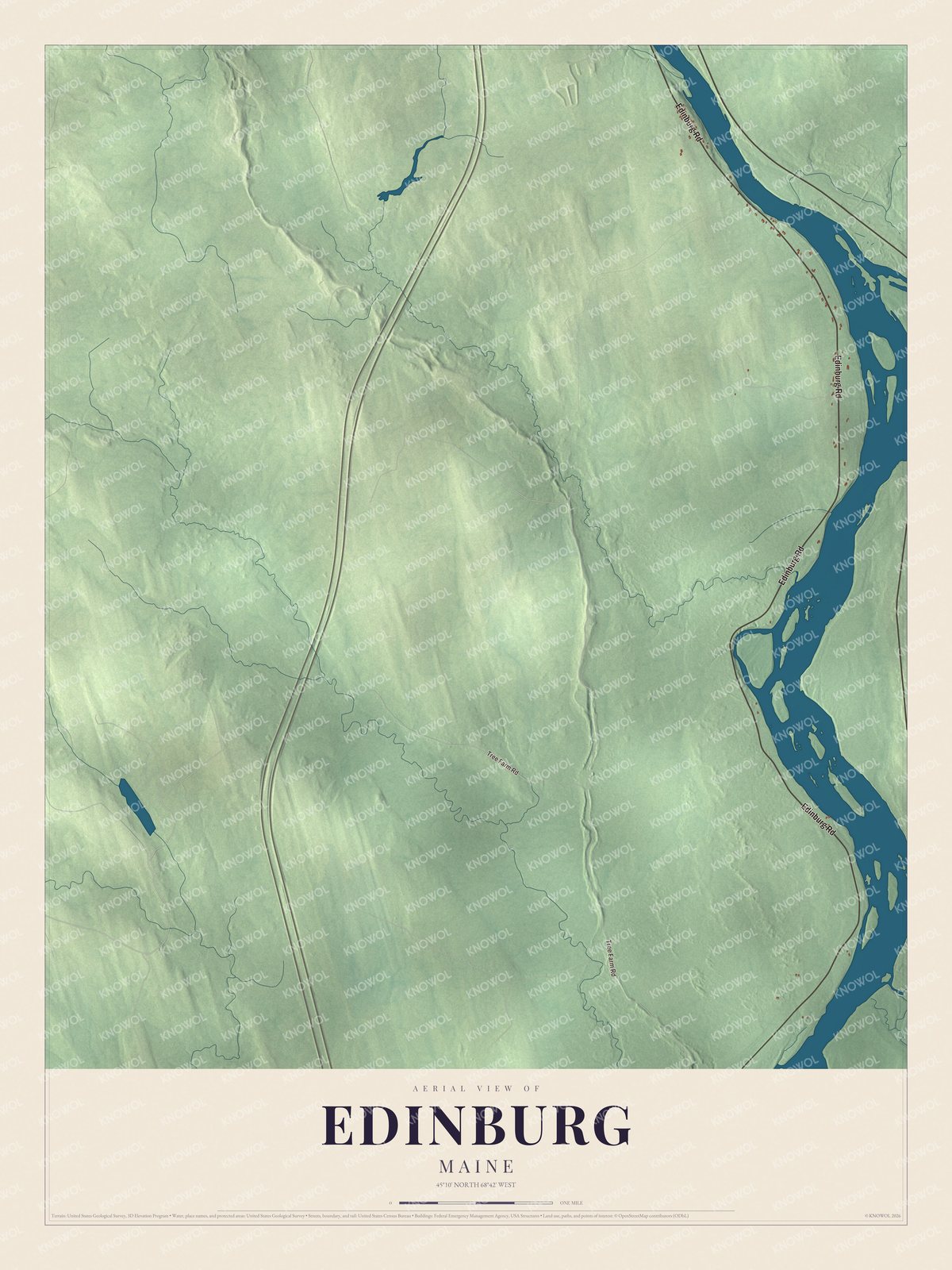 Map of Edinburg, Maine, with Edinburg Road and Tree Farm Road