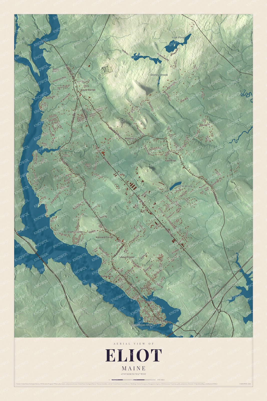 Map of Eliot, Maine, with Green Acre, State Road and the Piscataqua River