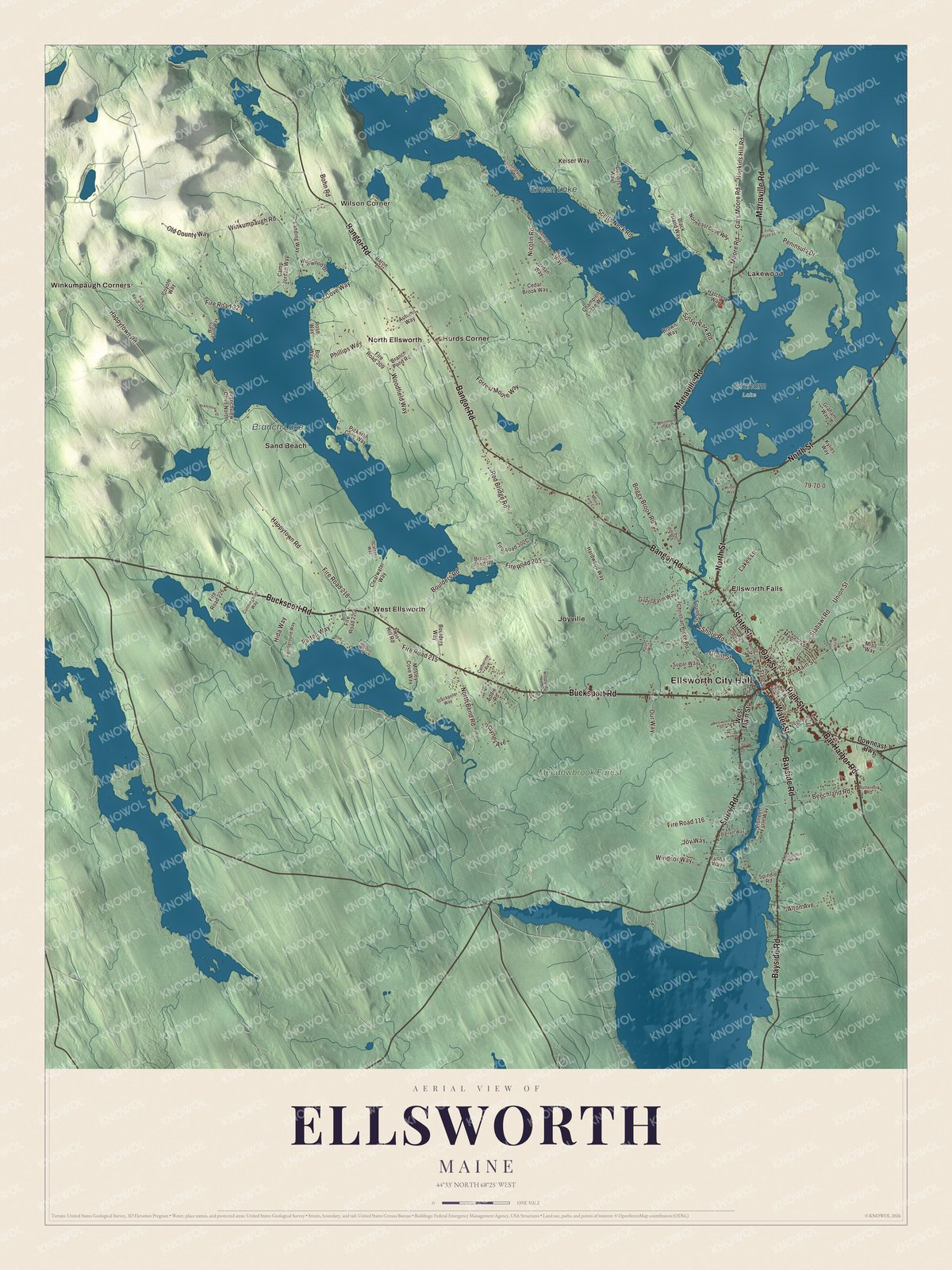 Map of Ellsworth, Maine, with High Street, State Street and the Union River