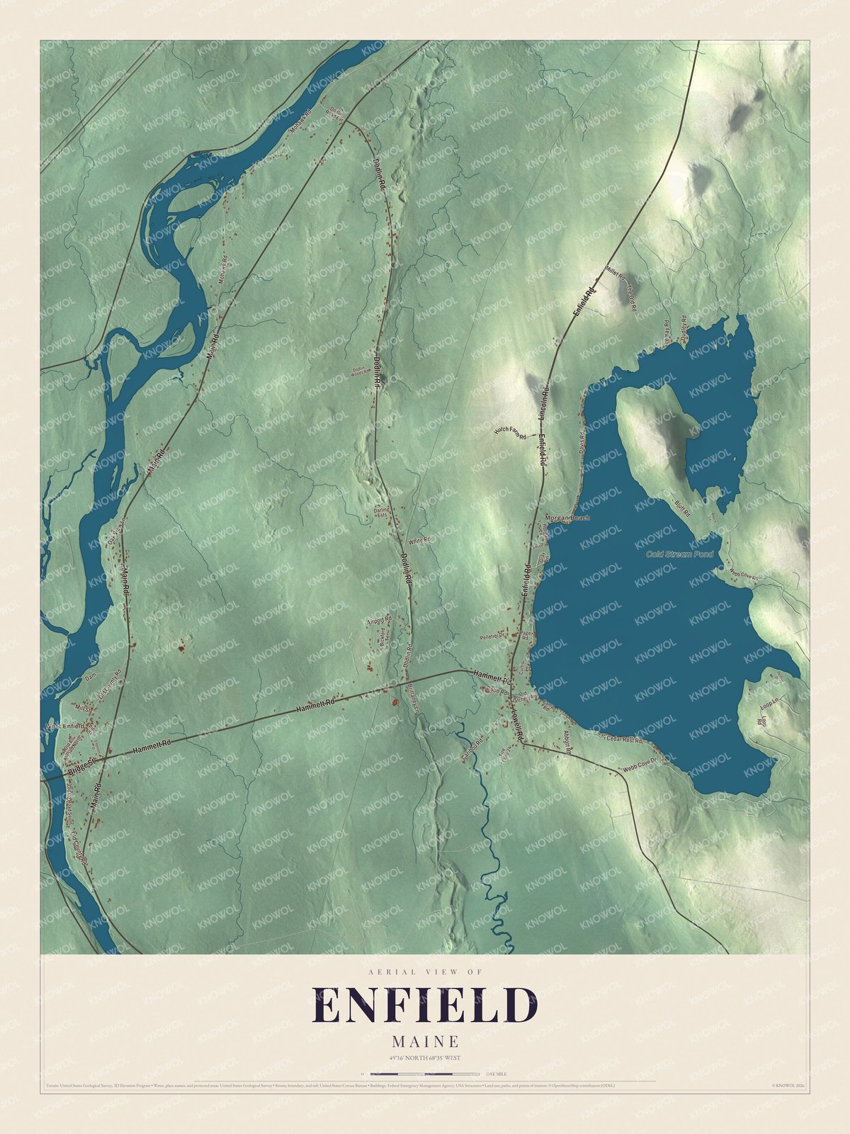 Map of Enfield, Maine, with Cold Stream Pond and Enfield Road