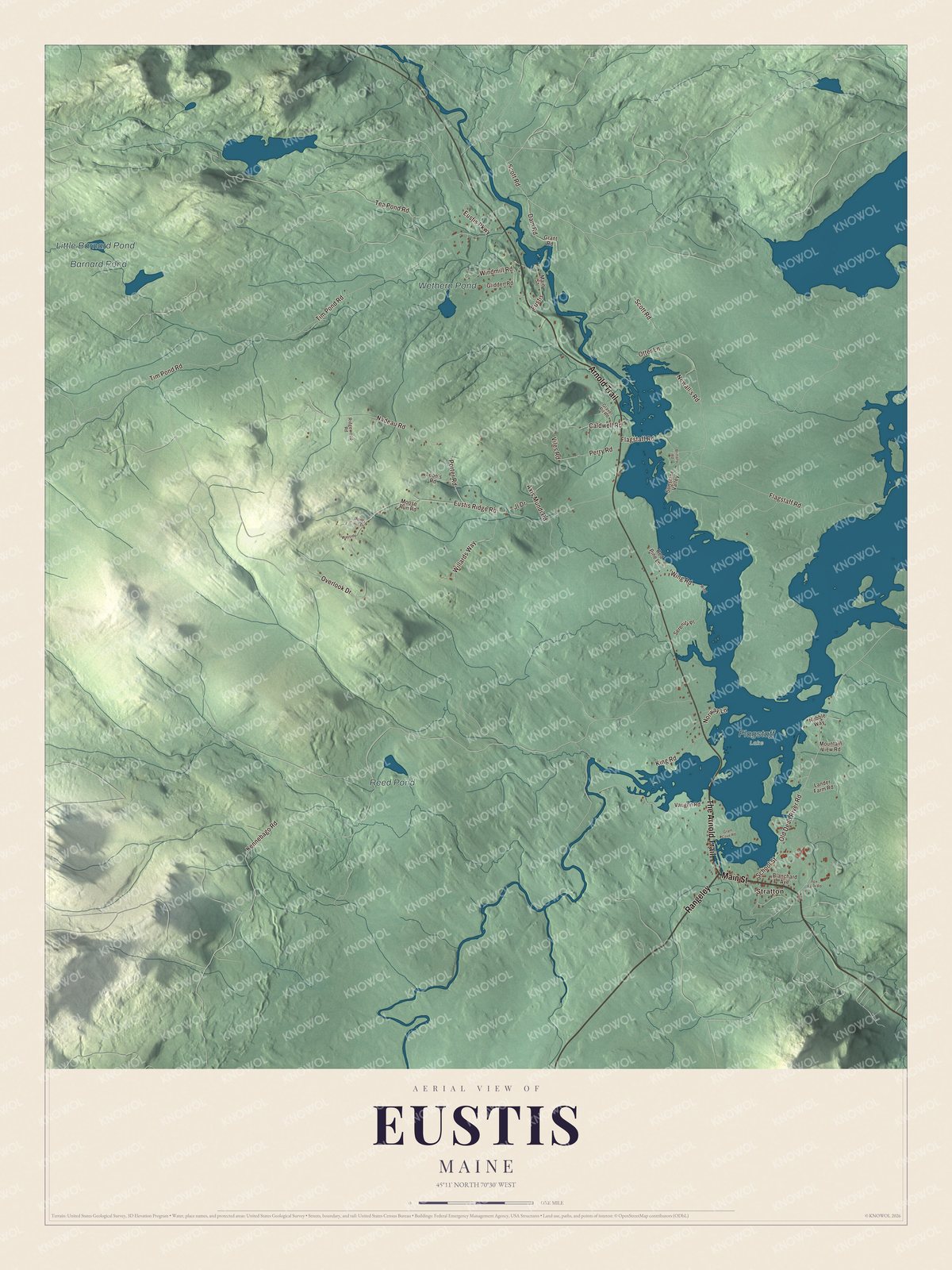 Map of Eustis, Maine, with Stratton, Main Street and Arnold Trail