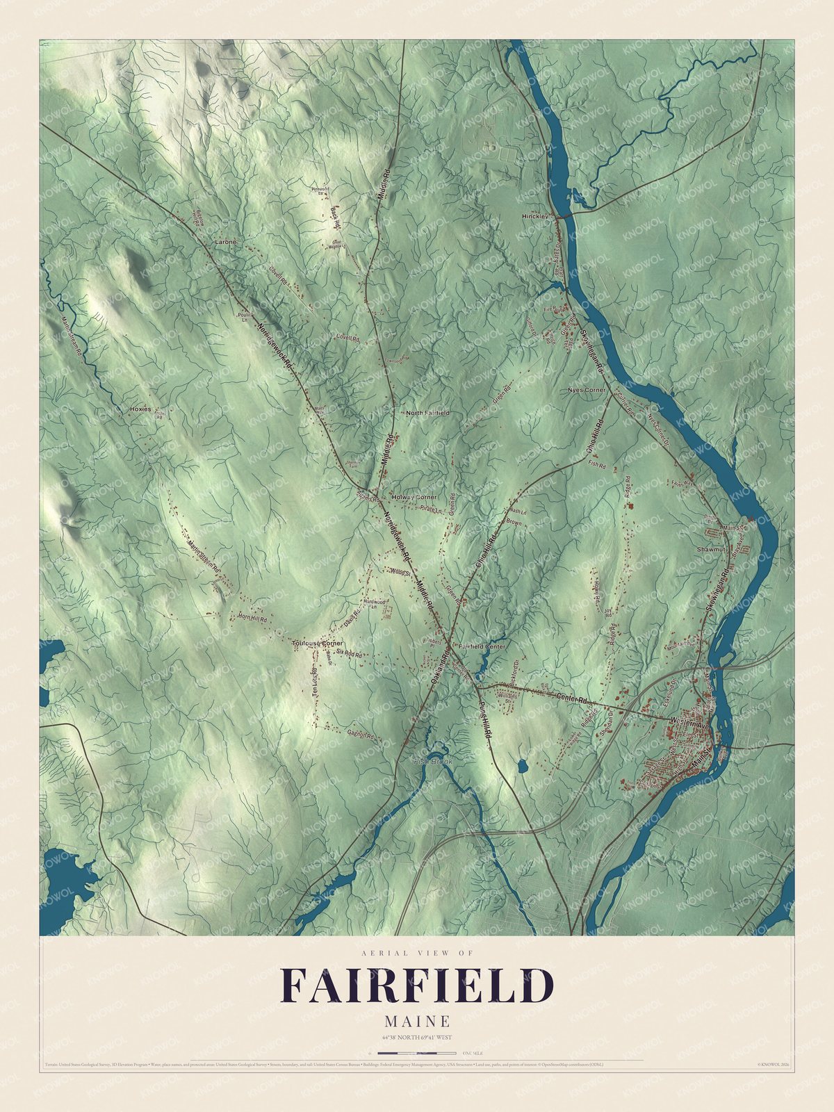 Map of Fairfield, Maine, with Main Street, Fairfield Center and Hinckley