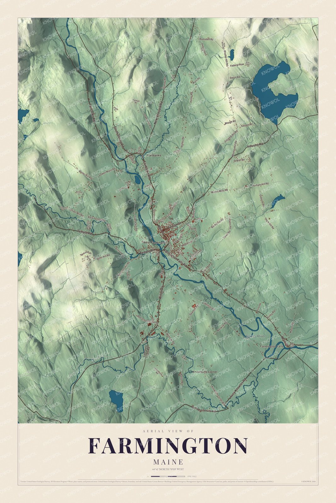 Aerial map with Farmington Falls, Fairbanks and the Sandy River