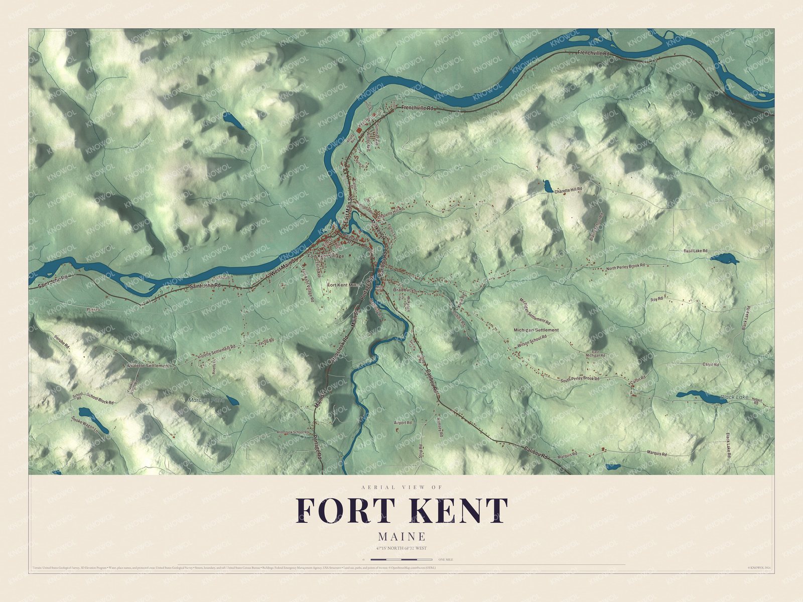 Aerial map with Fort Kent Village, Violette Settlement and Black Lake