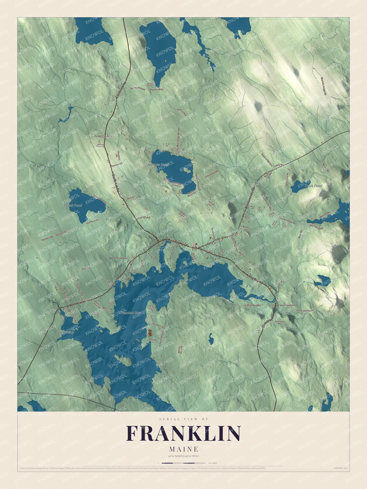 Aerial map with East Franklin, West Franklin and Georges Pond