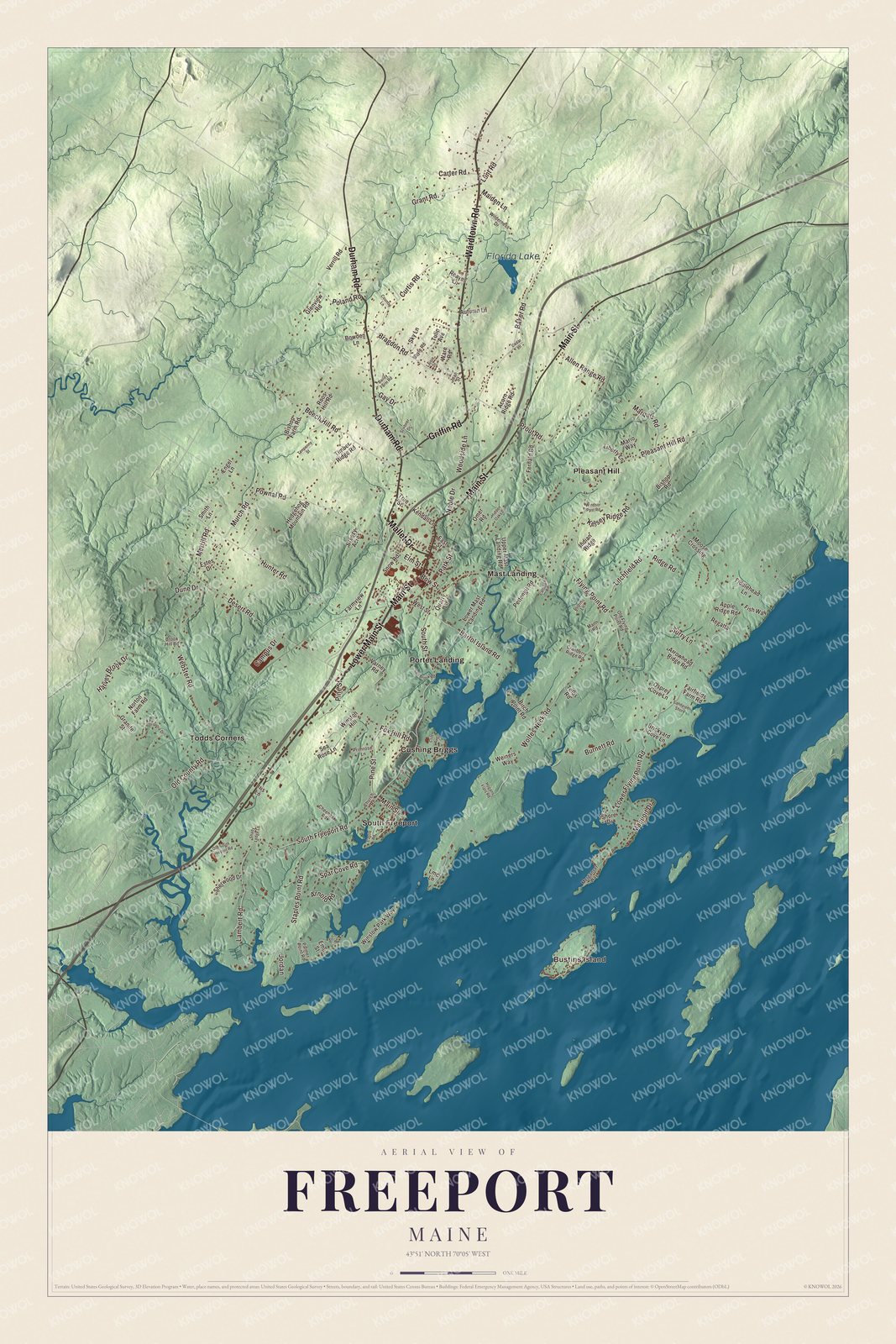 Aerial map with Mast Landing, South Freeport and Bustins Island