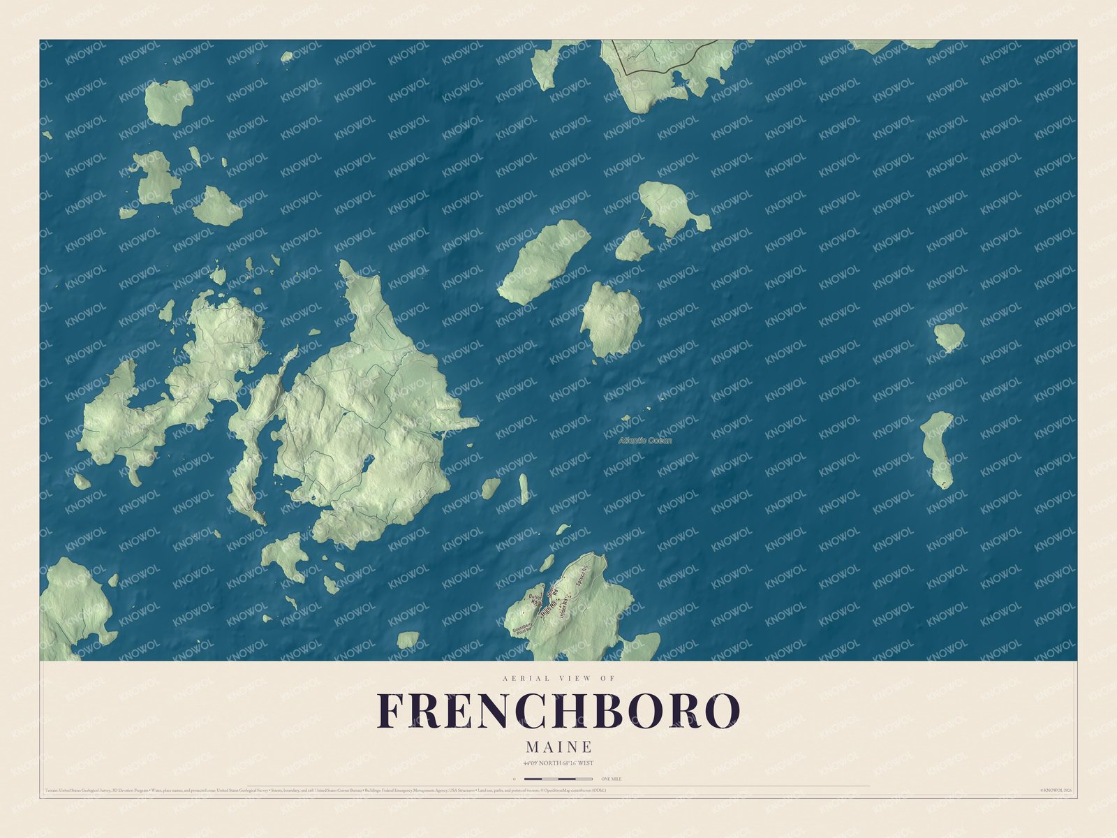 Aerial map with High Road, Shore Road and the Atlantic Ocean