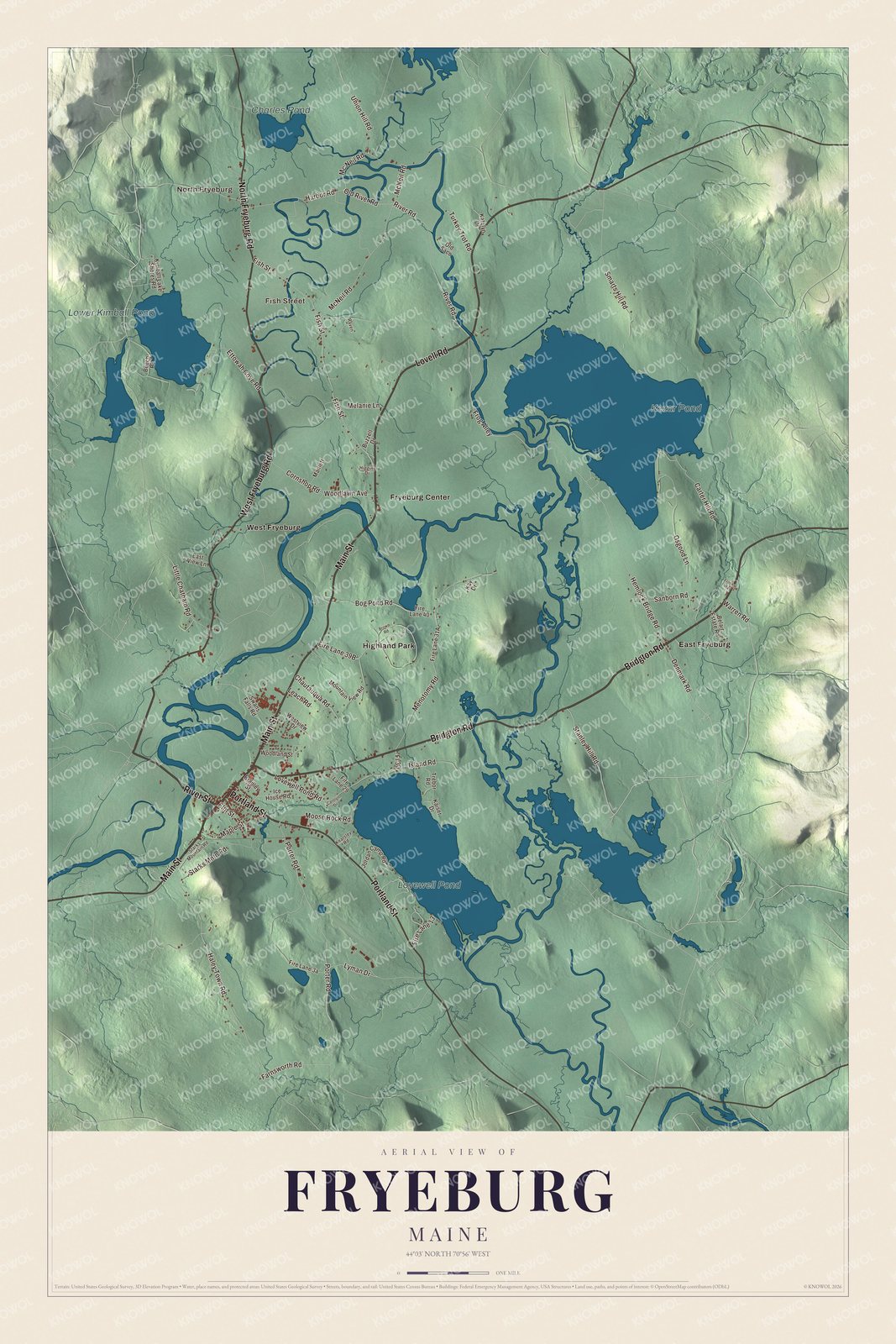 Aerial map with North Fryeburg, Fish Street and Kezar Pond