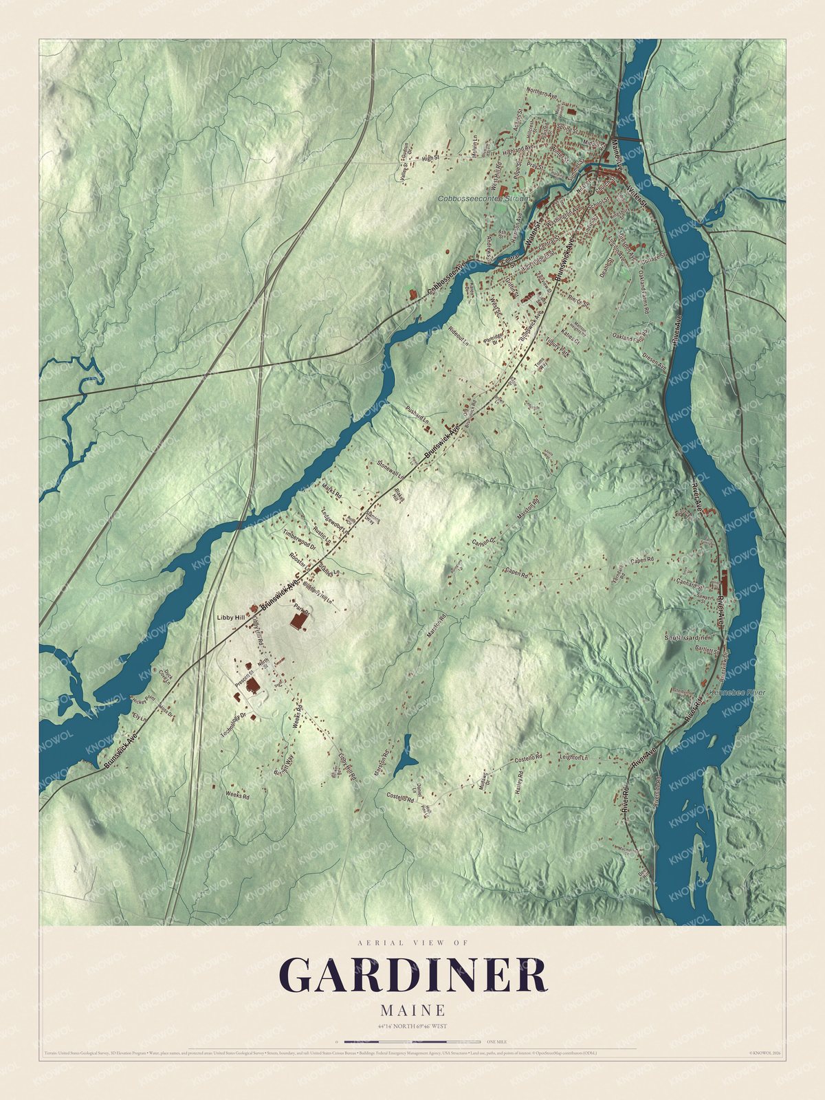 Aerial map of Gardiner, Maine, with Water Street and Cobbosseecontee Stream