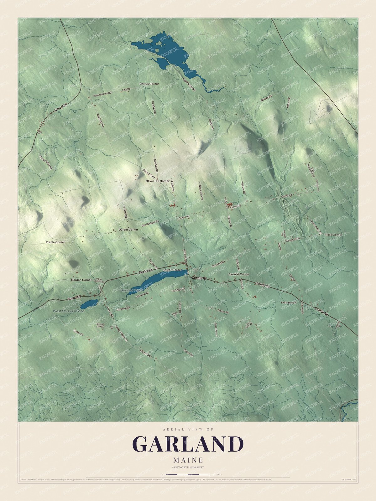 Garland aerial map with local roads and waterways